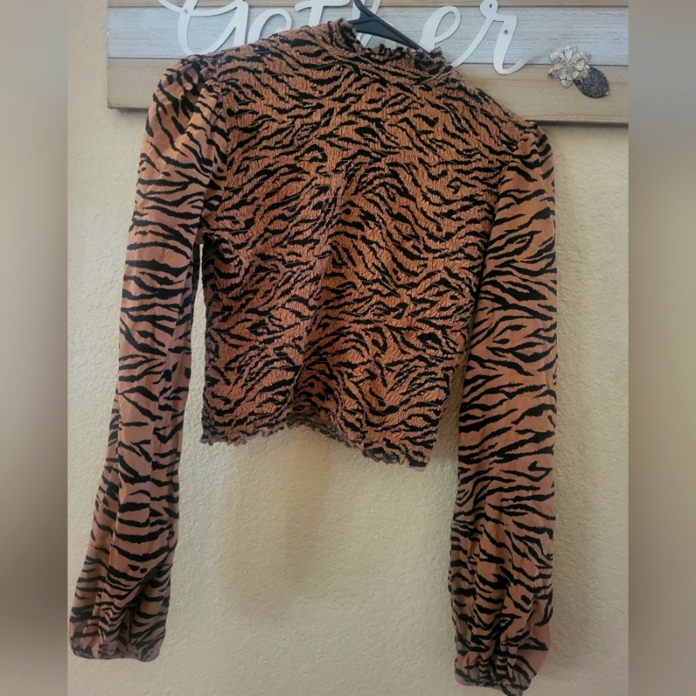 All Over Print Mock Neck Puff Sleeve Blouse.